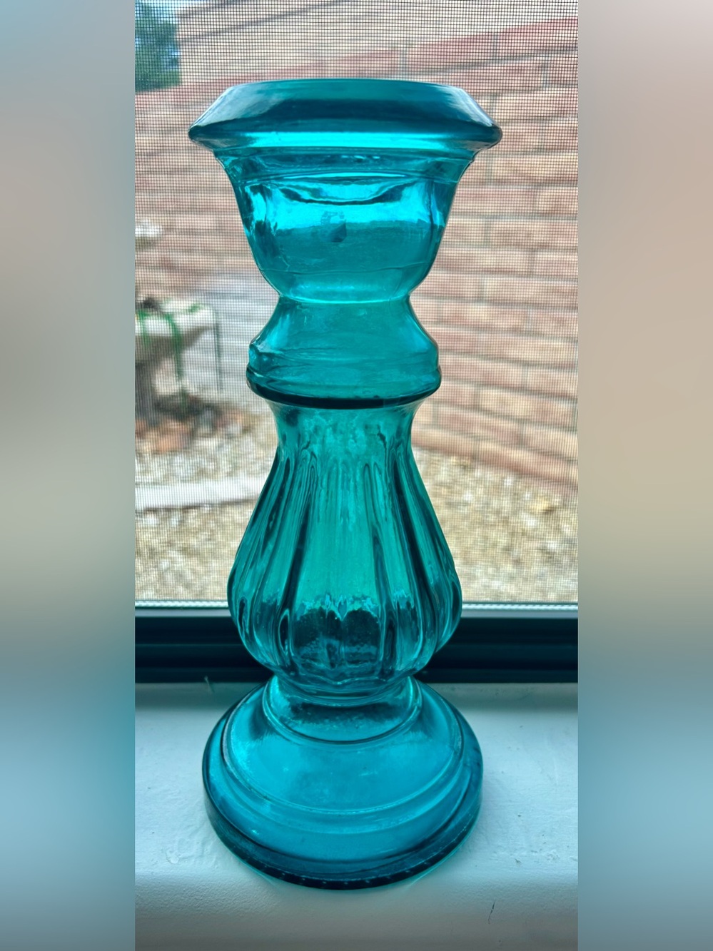 San Miguel Large Teal Blown Glass Pillar Candle Holder 12”